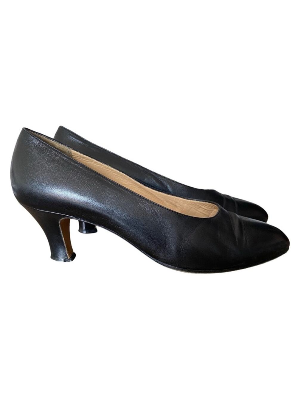 Gucci Signature Classic Black Leather Mid-Heel Pumps size 37 1/2 US 7.5
